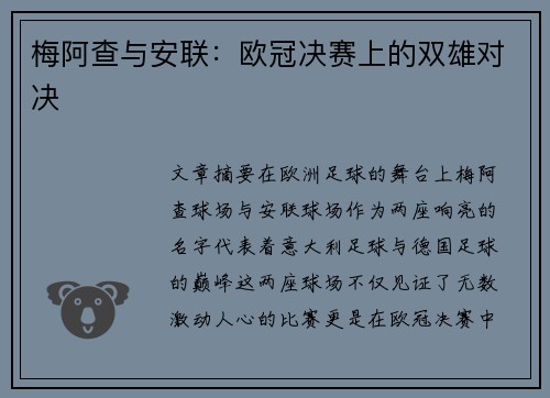 梅阿查与安联：欧冠决赛上的双雄对决